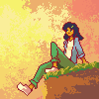 pixel art gif of post timeskip Marcy from Amphibia sitting down