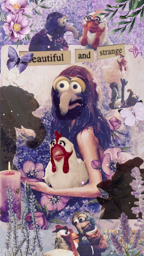 Collage of Gonzo with some flowers and chickens and the text: beautiful and strange
