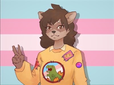 my fursona Sky with a trans flag in the background
