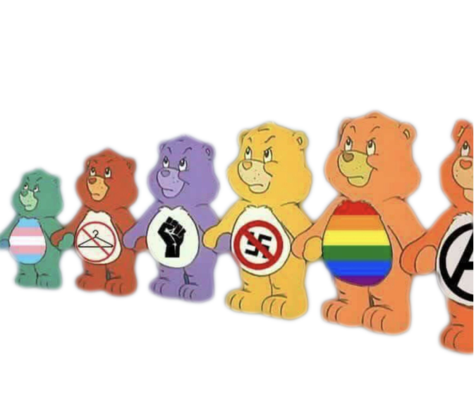 carebears with leftist symbols standing in unity
