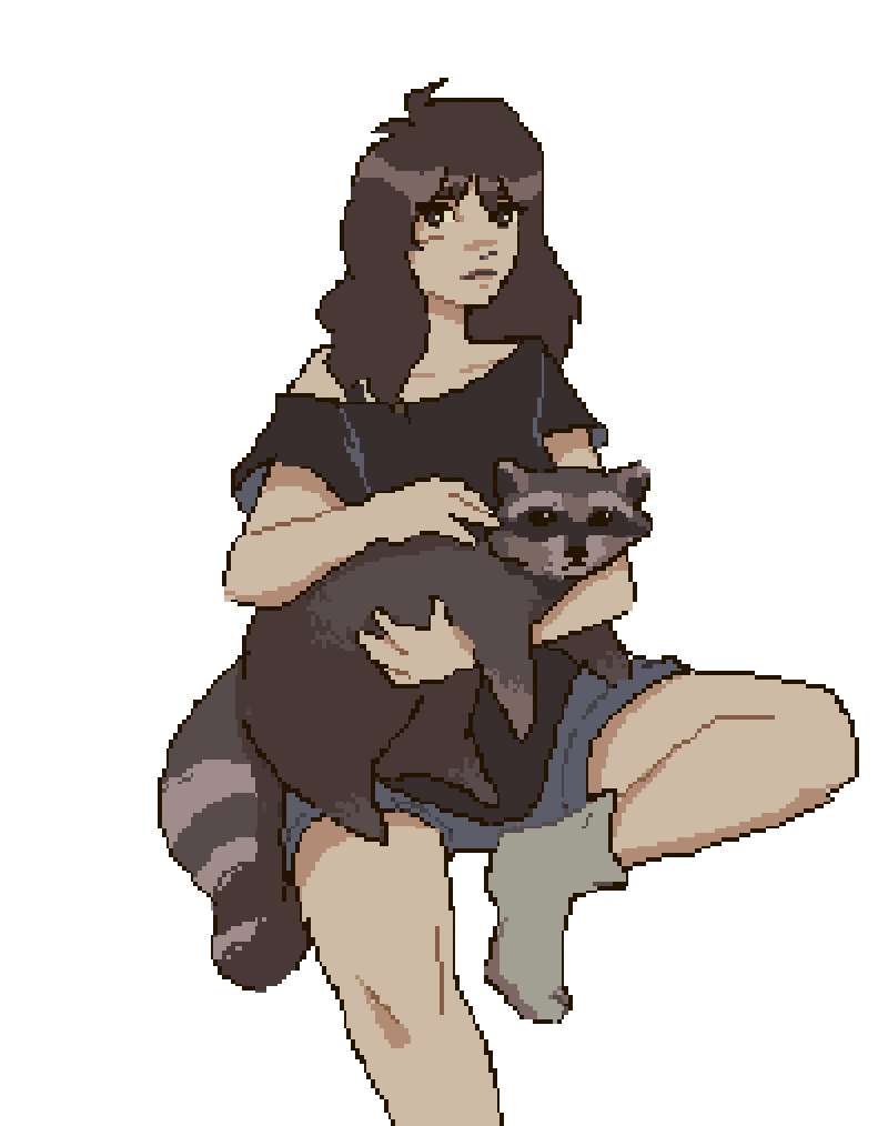 pixel art self portrait with me holding a raccoon on my lap