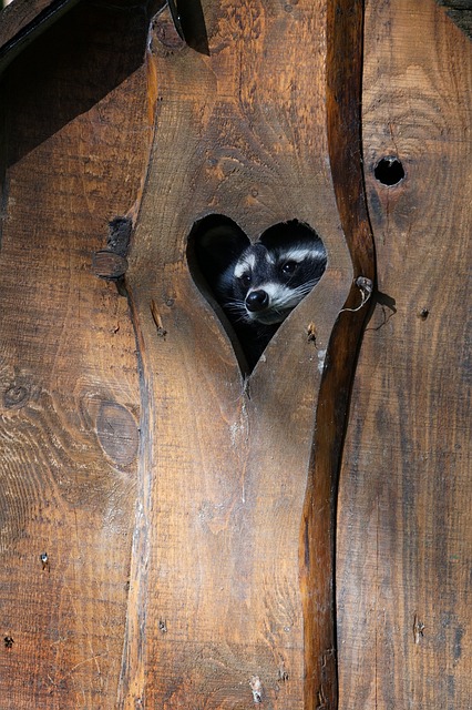 raccoon looking through heart shaped wood