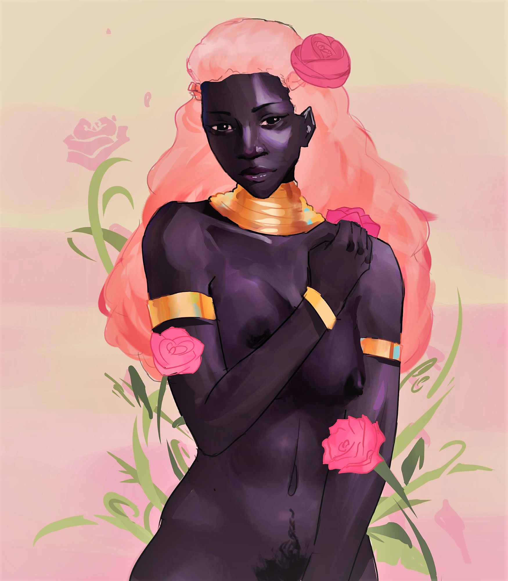 a black woman standing with roses around her