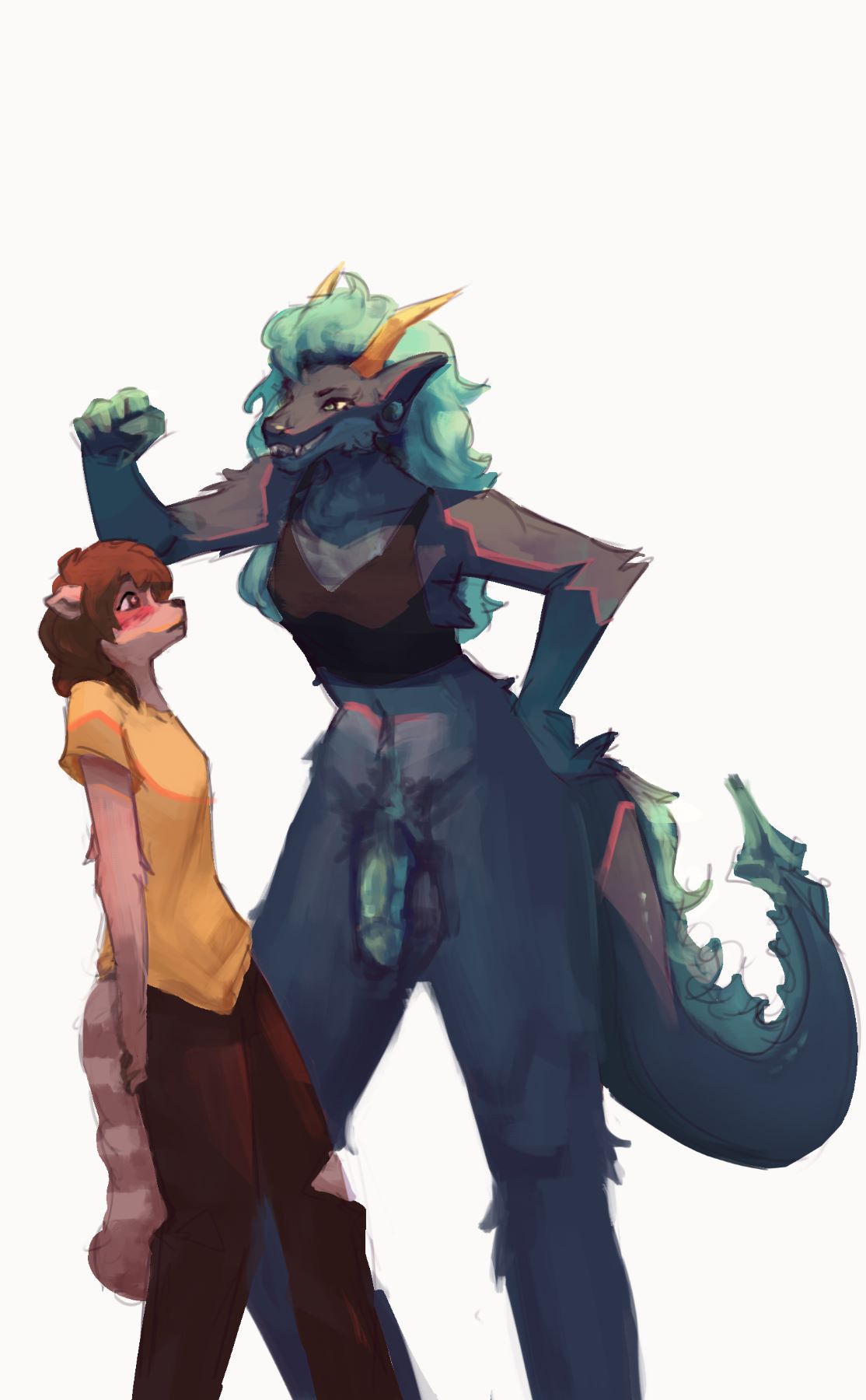 A big dragon lady with a dick - half dressed