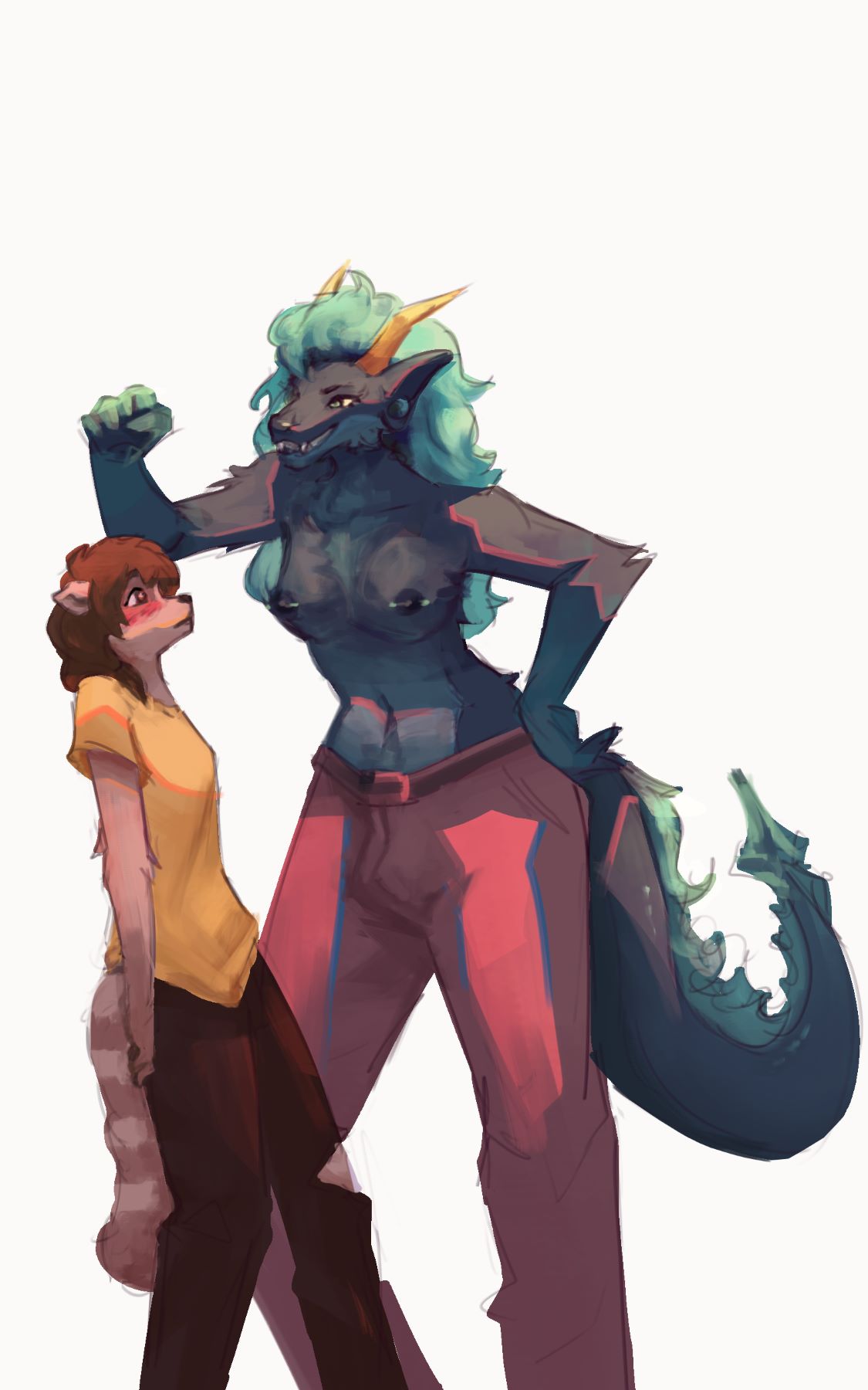 A big dragon lady with a dick - half dressed