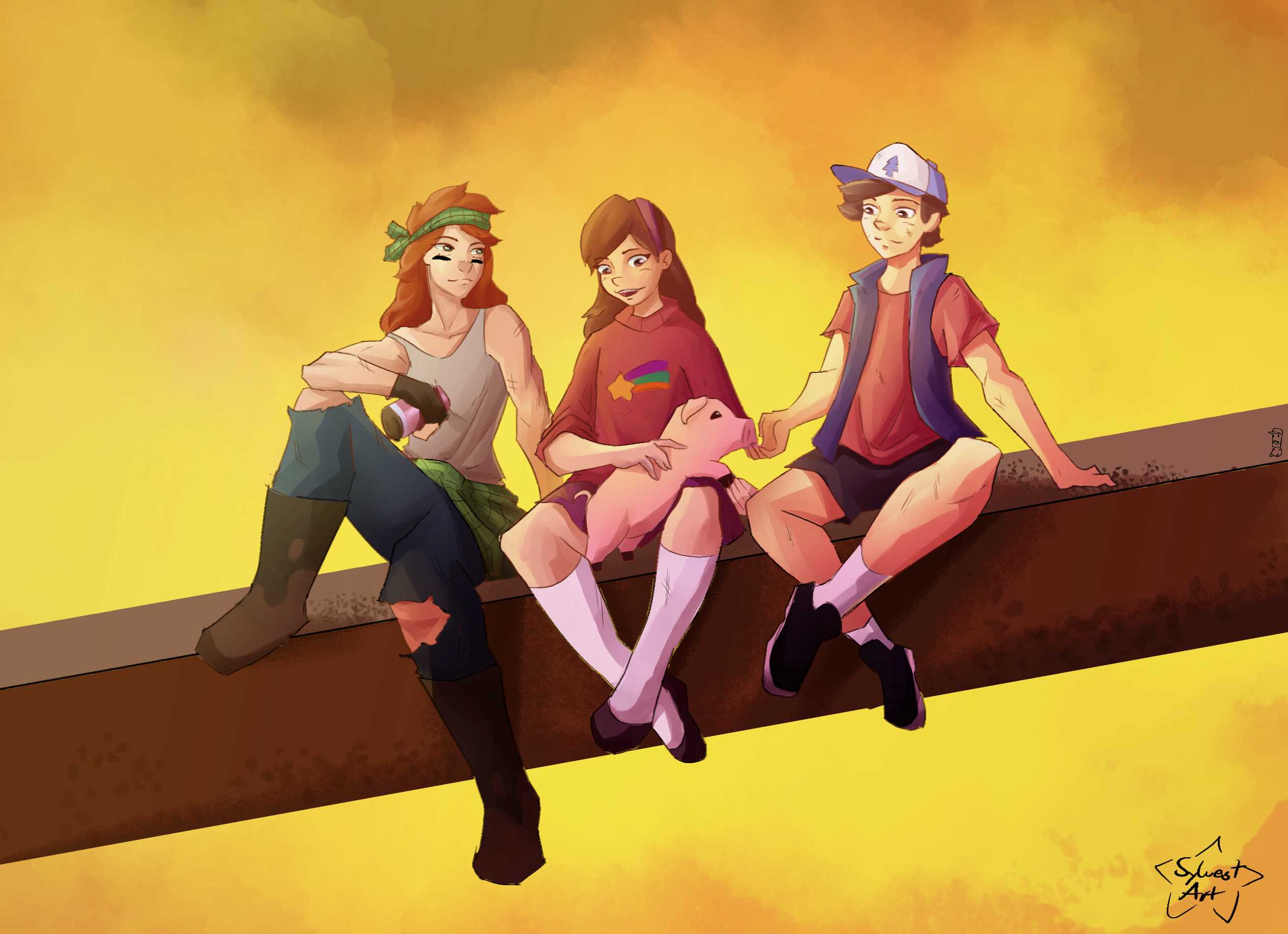 Mabel, Waddles, Dipper and Wendy from Gravity Falls sitting next 
          to each other