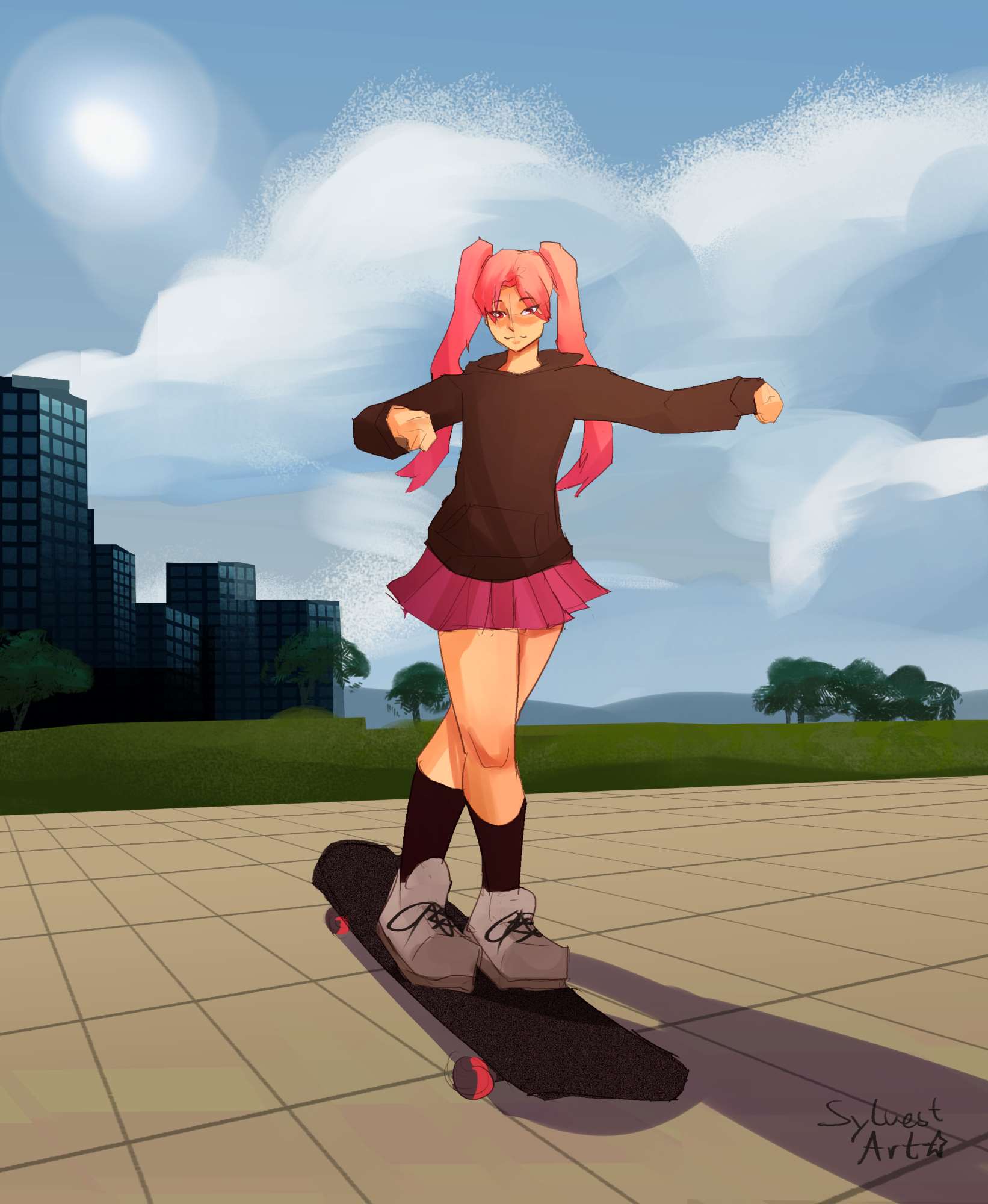 pink haired girl on a longboard