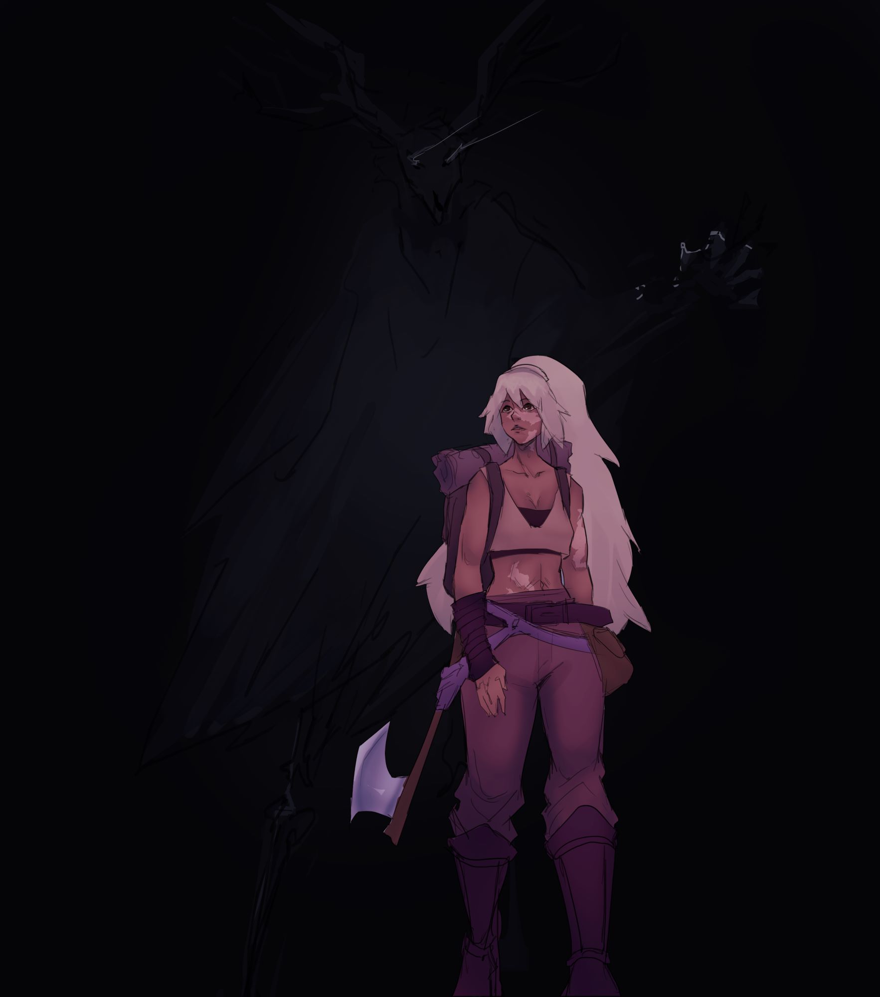 fantasy character with a shadow monster behind her
